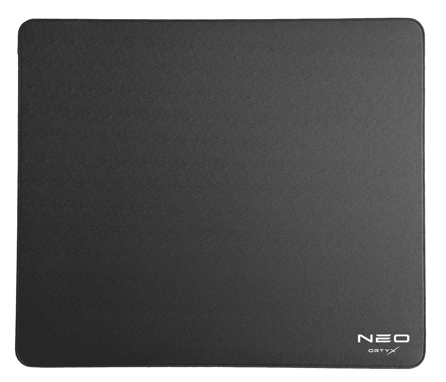 The ORTYX NEO mousepad seen from directly above, showing the stitched edge and the NEO wordmark in the corner